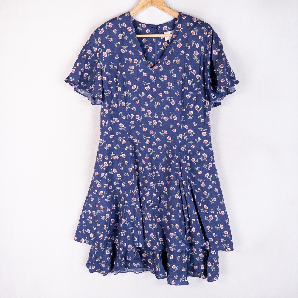 Plaza South Dress Women 14 Blue Floral Rayon V-Neck Short Sleeve Layered 90s Vtg